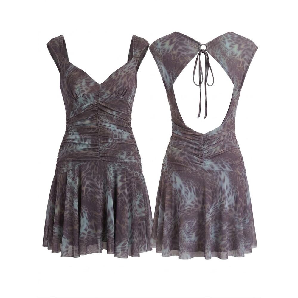 Silence + Noise Blue Leopard Mesh Mini Dress Y2K Grunge Sleaze Ruched Flared M